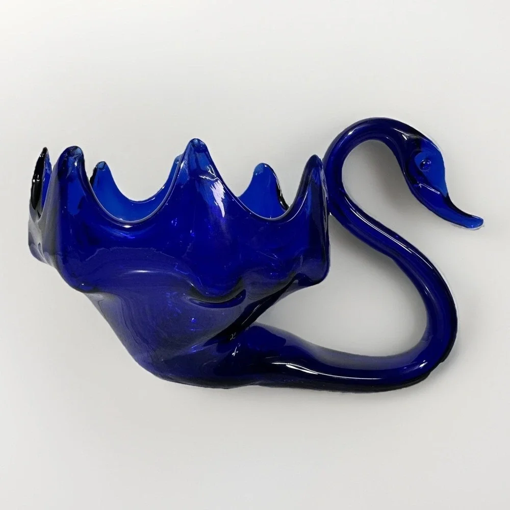 Vintage Cobalt Blue Blown Glass Swan Candy Dish MCM Decorative